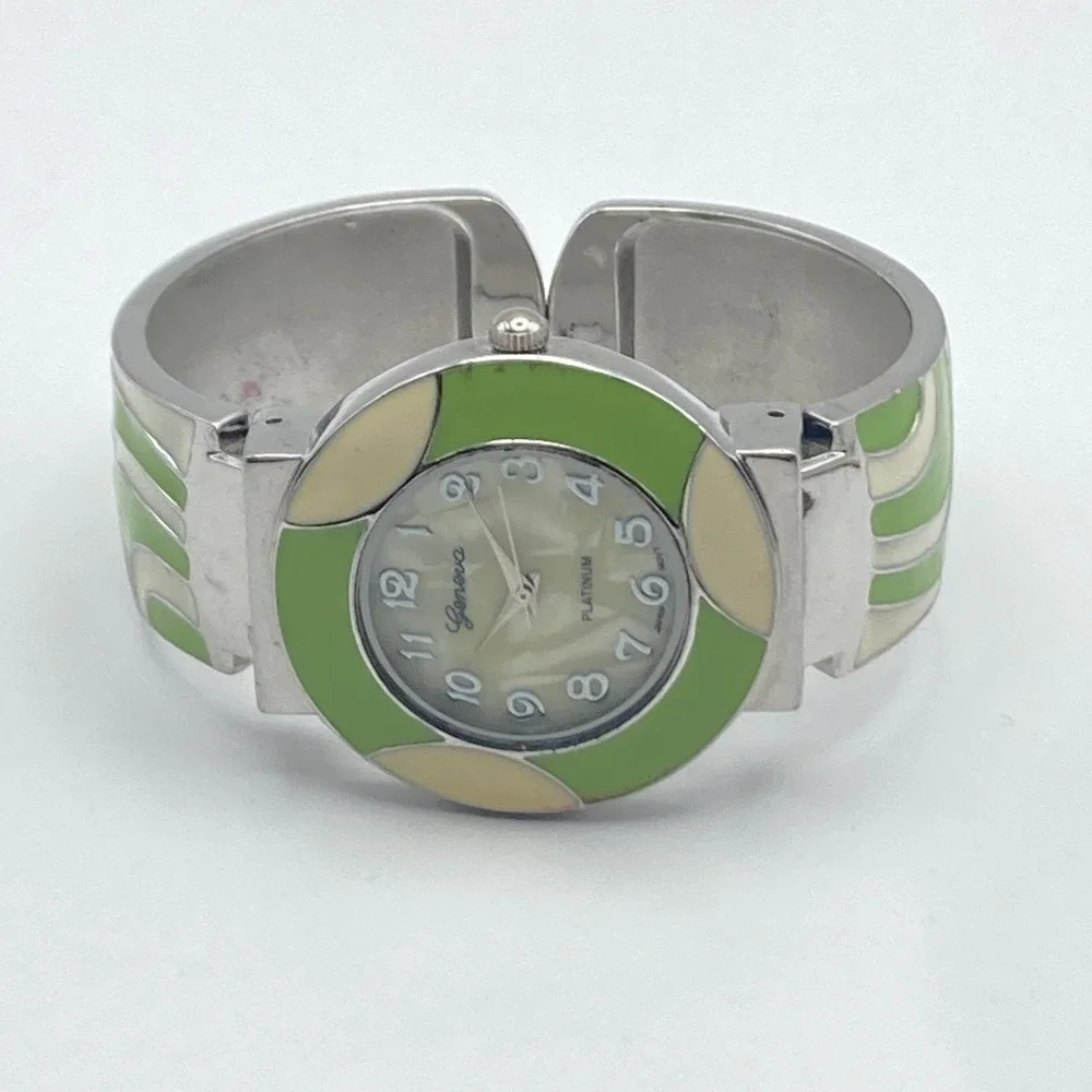 Geneva Women's Watch Silver Tone Green Enamel Look Cuff MOP New Battery SMALL 6